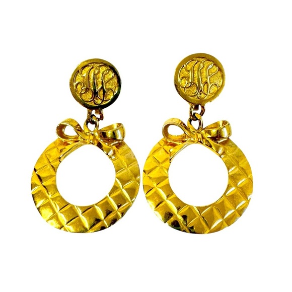 Vintage Gold Door Knocker Earrings Quilted Bow Round Drop XL Maximalist Jewelry - Picture 1 of 8
